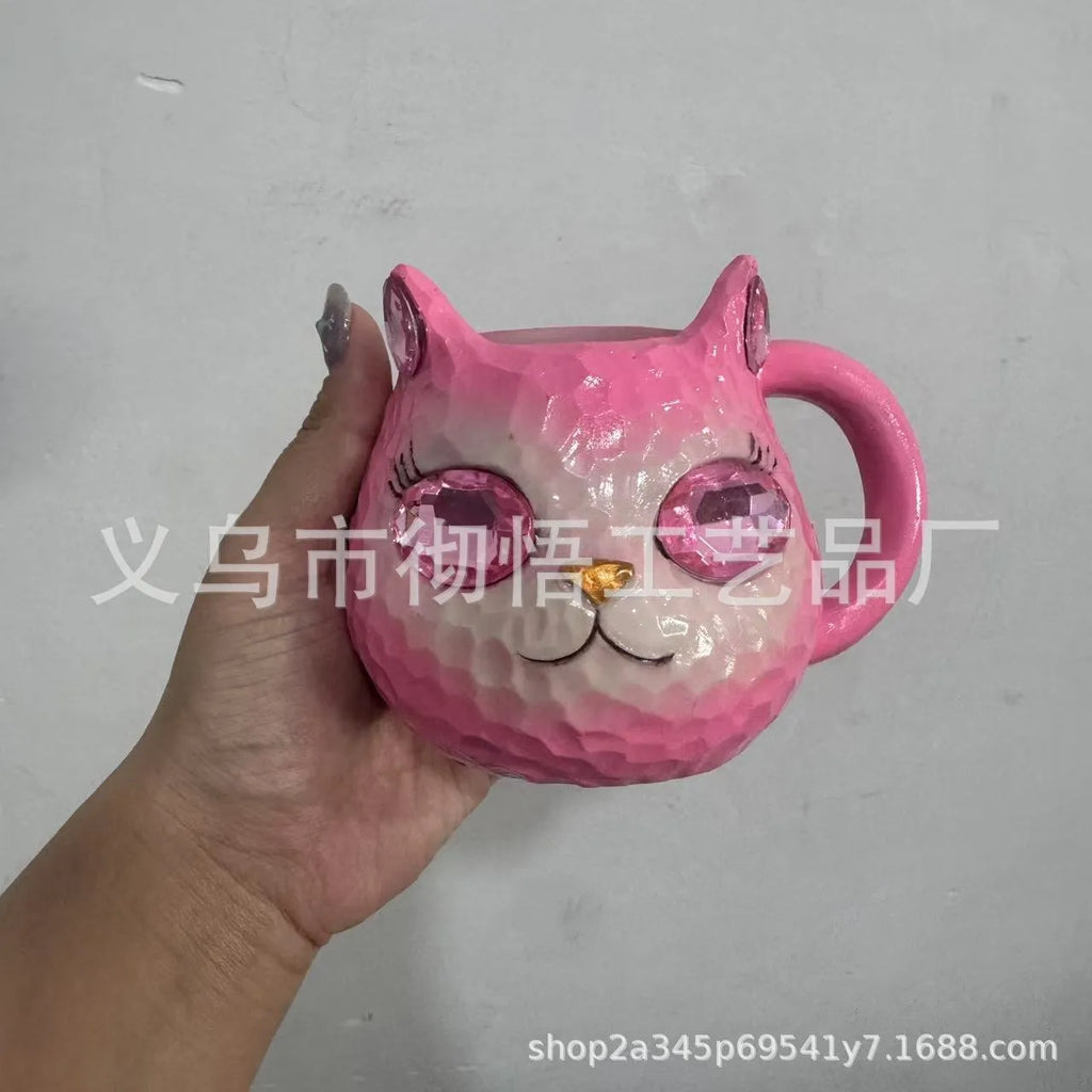 American style decorative resin cat cup available in blue, green, pink and purple colours.