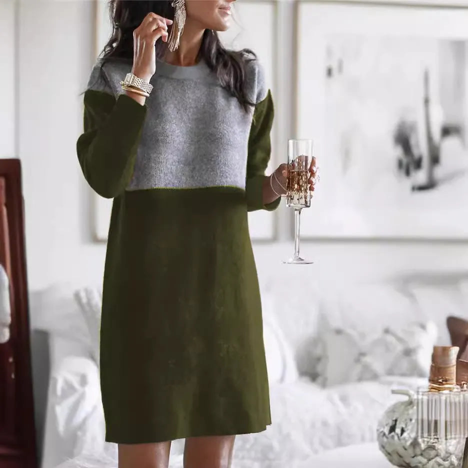 Brown women's loose long sleeve dress with patchwork detail and princess skirt silhouette.