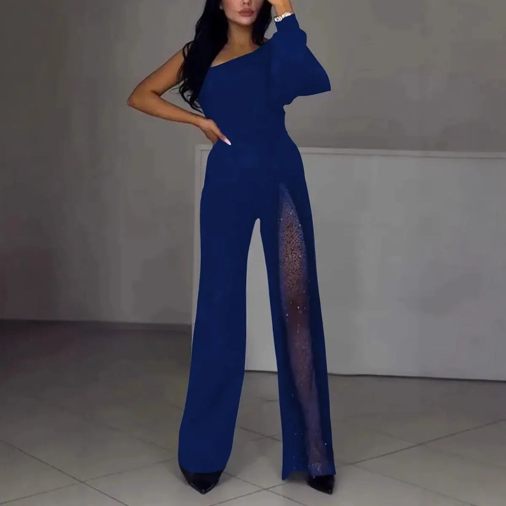 Black women's jumpsuit with an oblique shoulder neckline and a high slit on the leg.