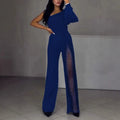 Black women's jumpsuit with an oblique shoulder neckline and a high slit on the leg.