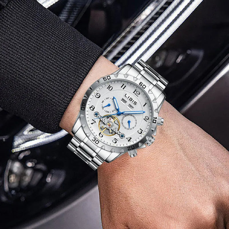 Men's automatic perpetual calendar mechanical watch with silver stainless steel strap and sapphire crystal glass face