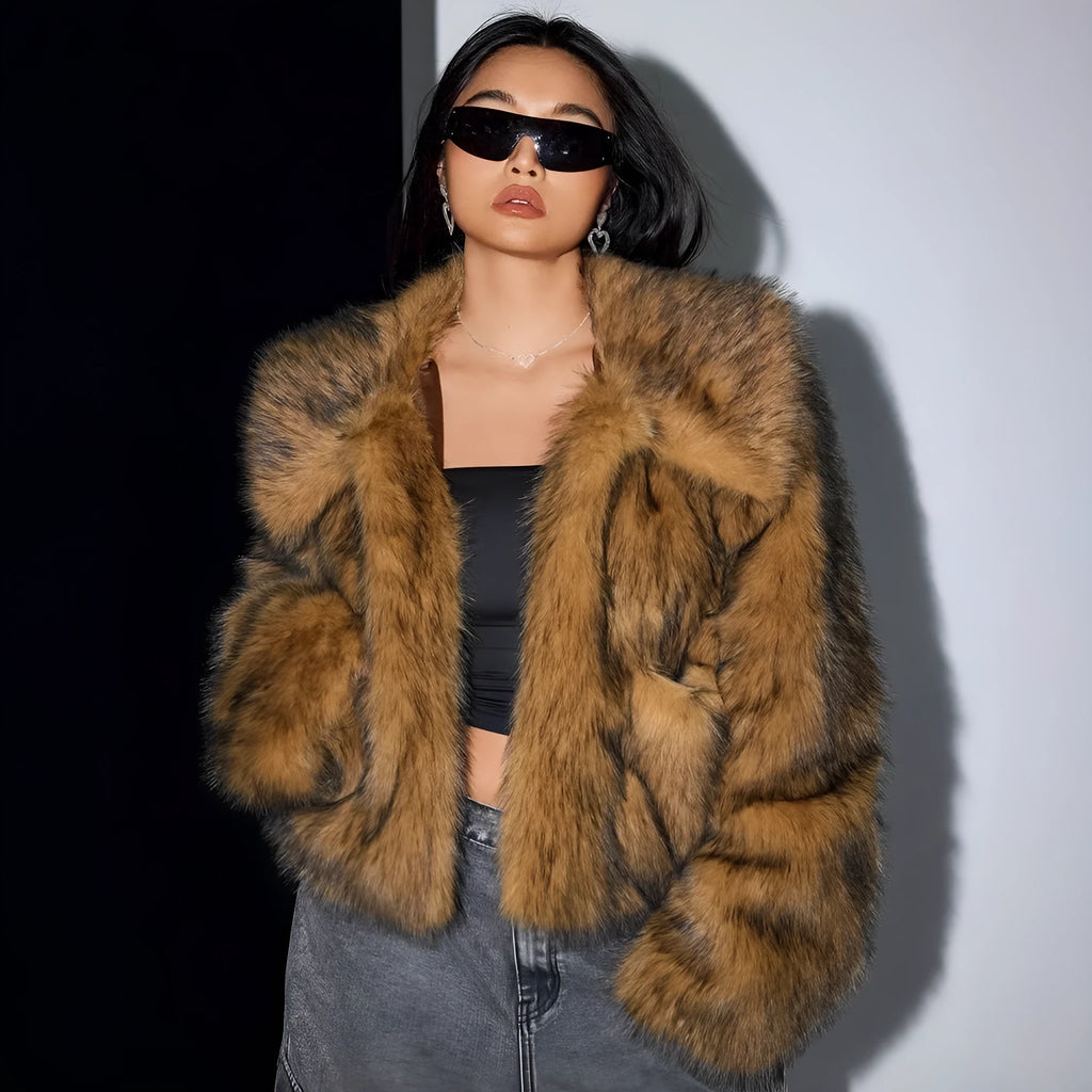 Artificial fur coat with fur collar in short 40cm length showing thick fabric texture