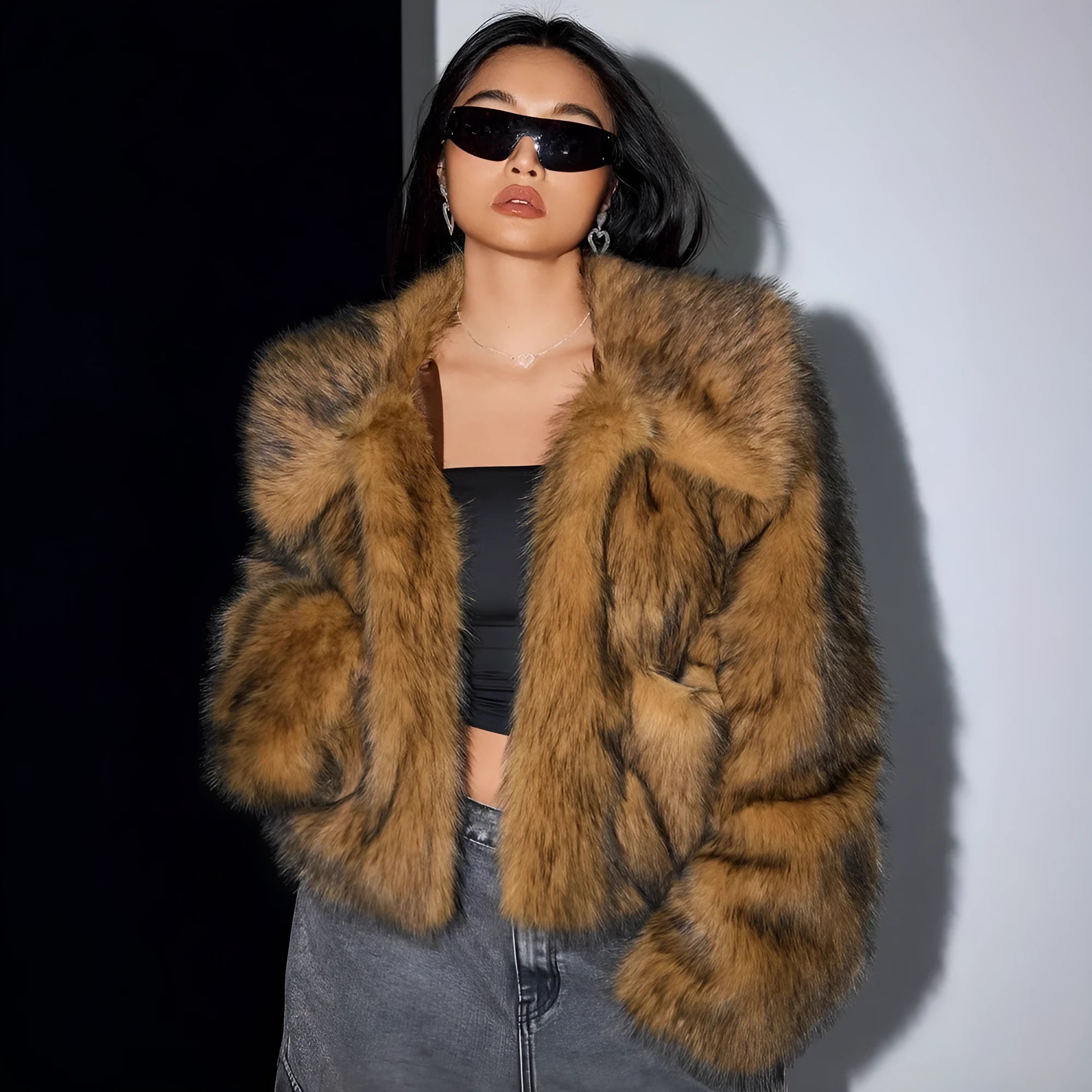 Artificial fur coat with fur collar in short 40cm length showing thick fabric texture
