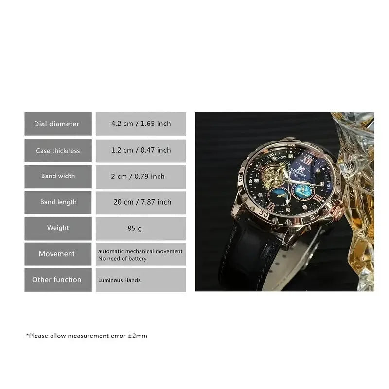 Black and rose gold automatic mechanical watch with large dial and genuine leather strap