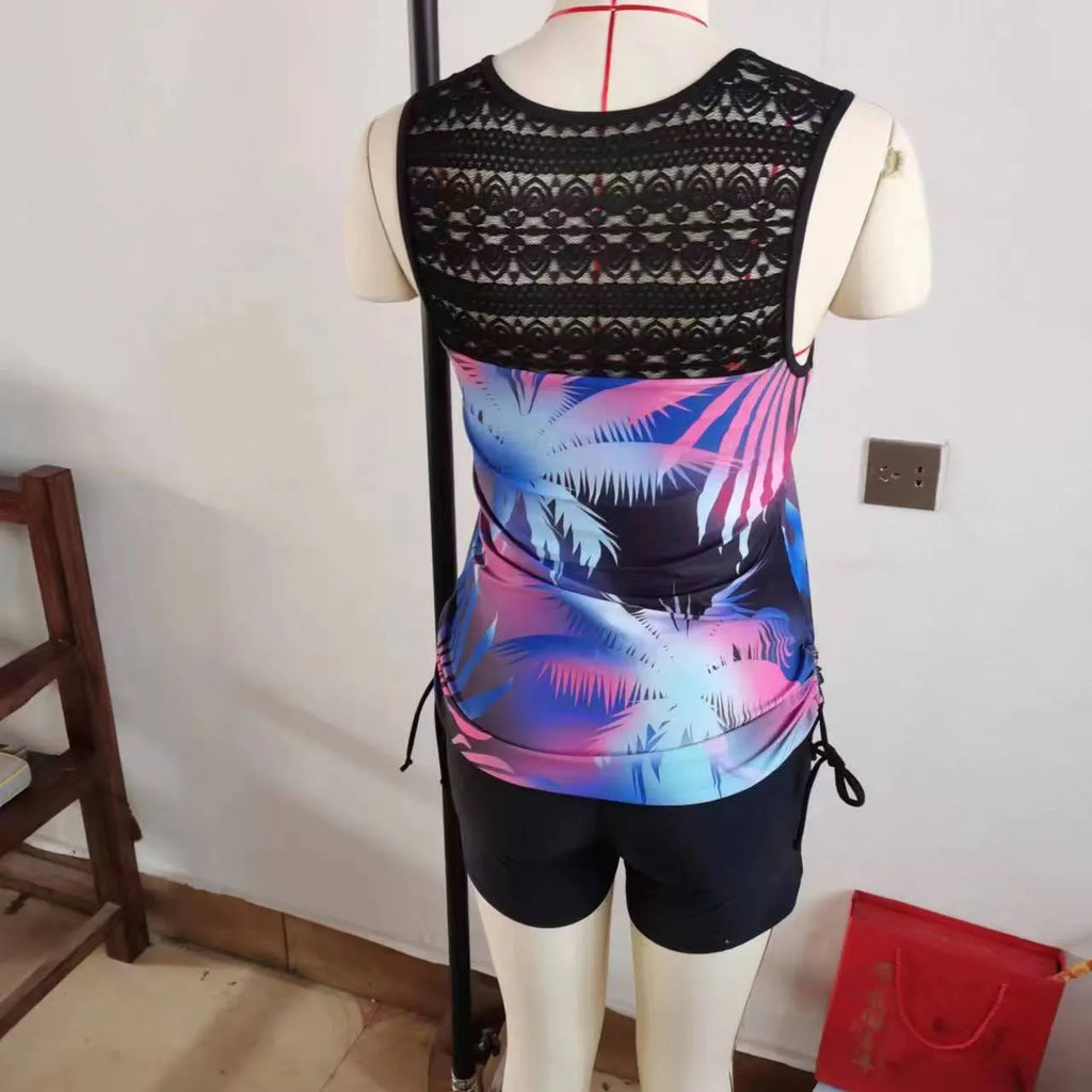 Women's floral printed lace two-piece swimsuit bikini in polyester spandex fabric