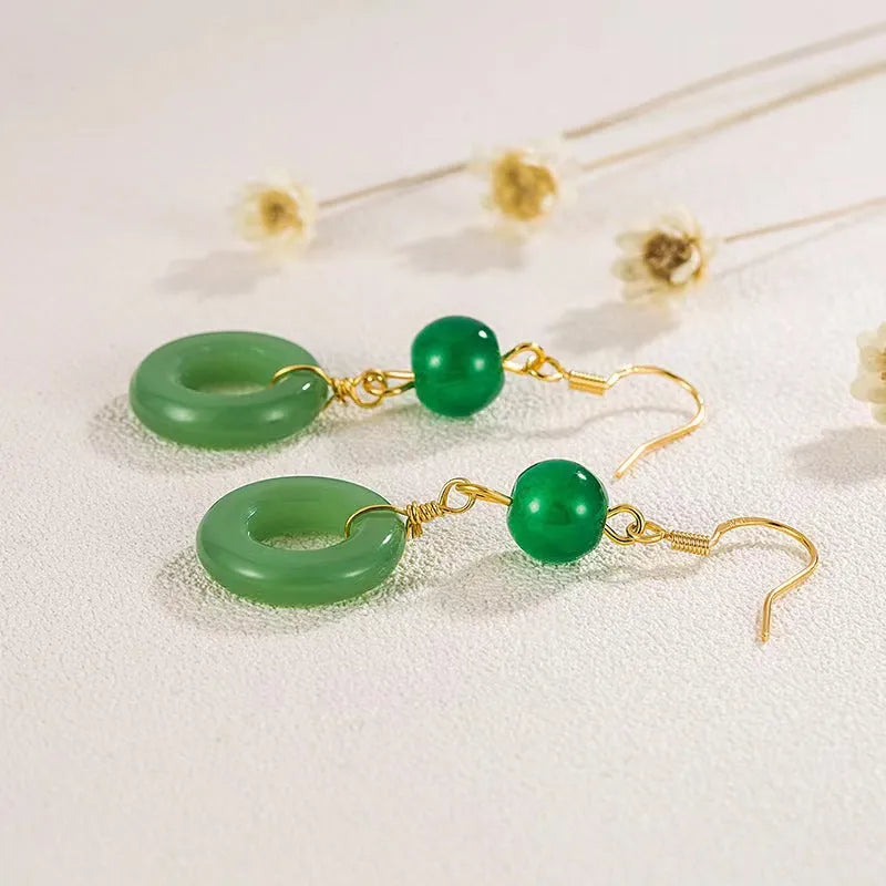 Green Chinese peace buckle geometric earrings with zinc alloy construction and 14K gold plating