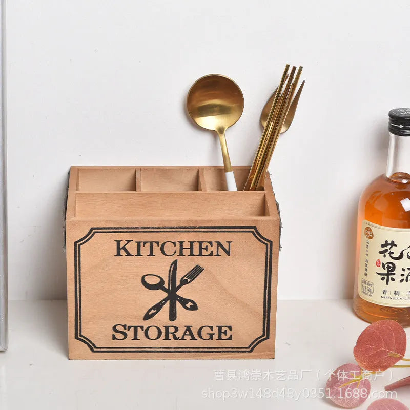 Wooden kitchen storage box with compartments for knives forks and chopsticks