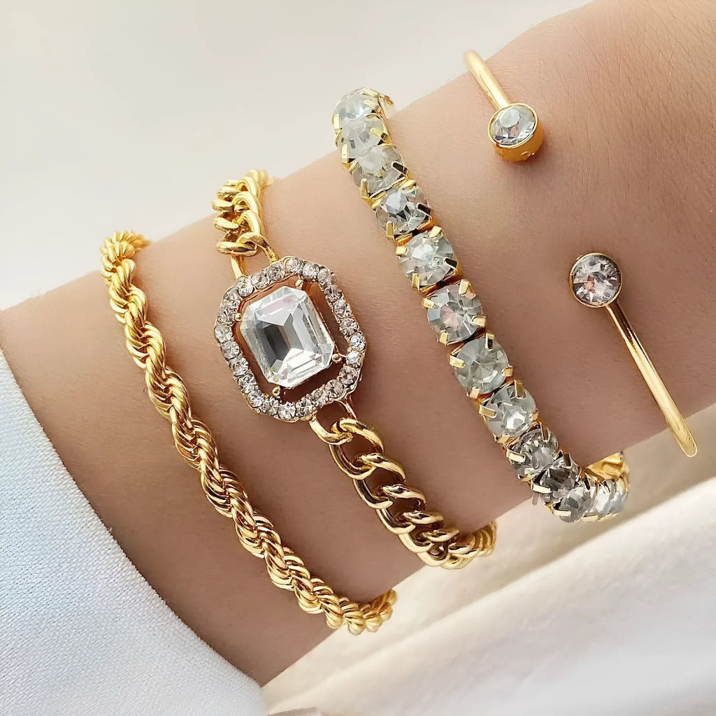 Women's retro geometric alloy bracelet four-piece set showing square diamond detailing on metal chain