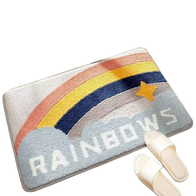 Square rainbow pattern carpet floor mat with a blue and white sky sea colour scheme and a plastic bottom.