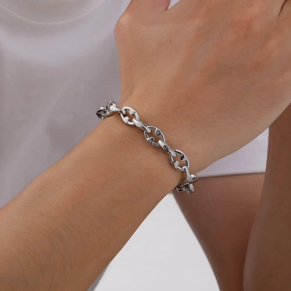 Stainless steel handmade thick geometric chain bracelet in steel colour for men's hip hop fashion