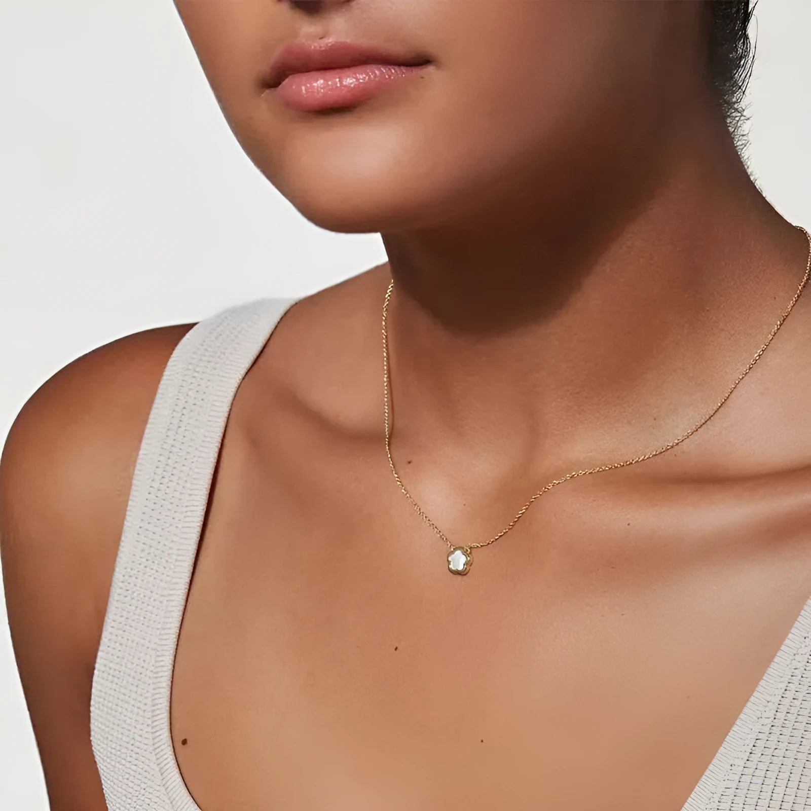 White Mother Shell Flower necklace with gold or silver chain on display