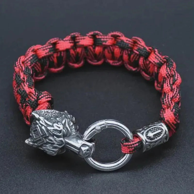 Stainless steel wolf head bracelet with Luen character in camouflage colour on wrist