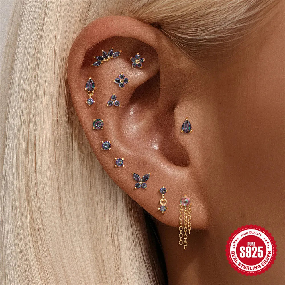 S925 sterling silver geometric ear stud with rainbow stone and super shiny gold-colour finish.