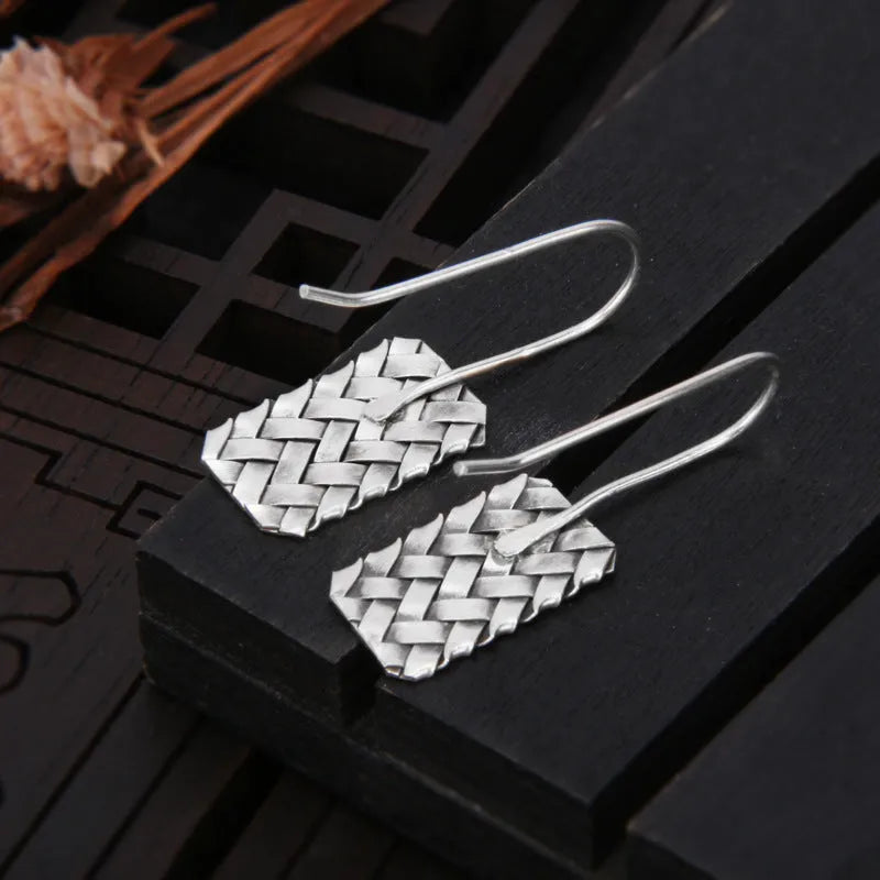 925 sterling silver geometric earrings with woven diamond plaid pattern for women