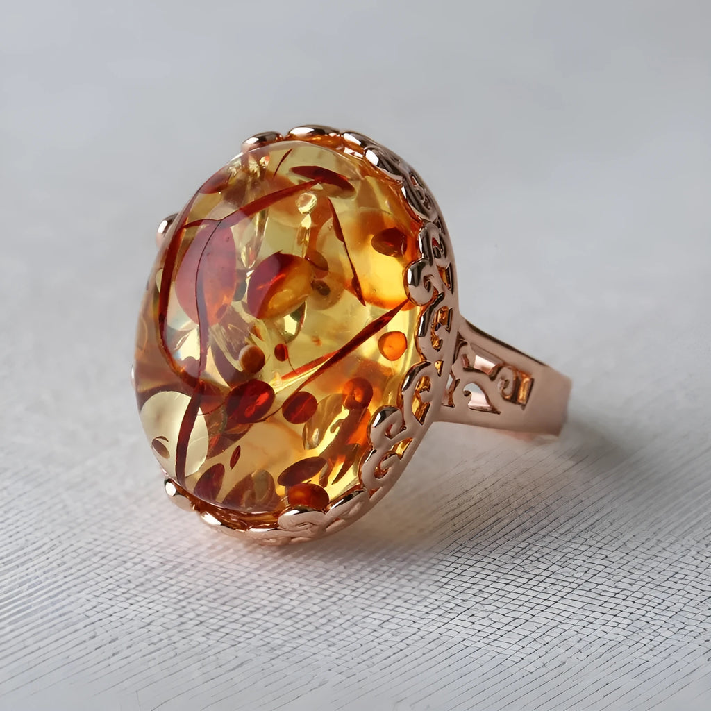 Beeswax amber ring with New Amber Type A stone on an alloy band, ethnic retro style.