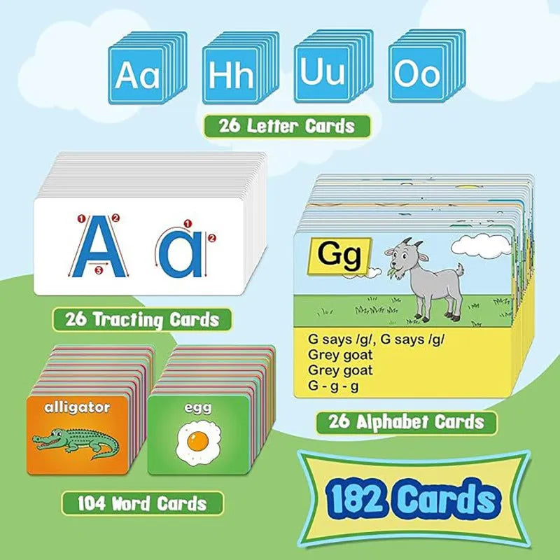 Alphabet learning sleeve table chart with educational cards displayed on 60x40cm surface