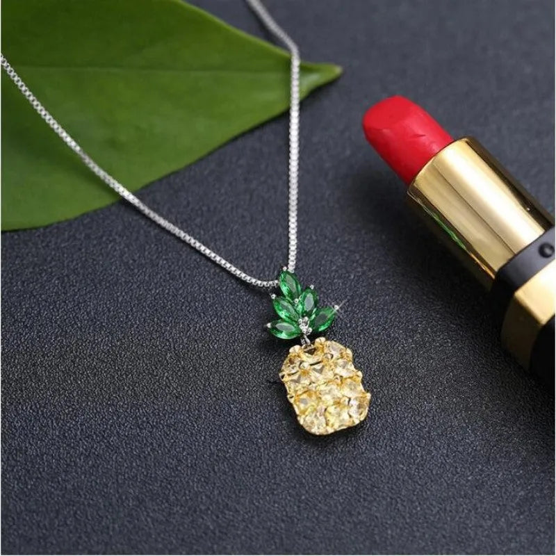 Silver plated pineapple fruit necklace with diamond accents and geometric Korean fashion design