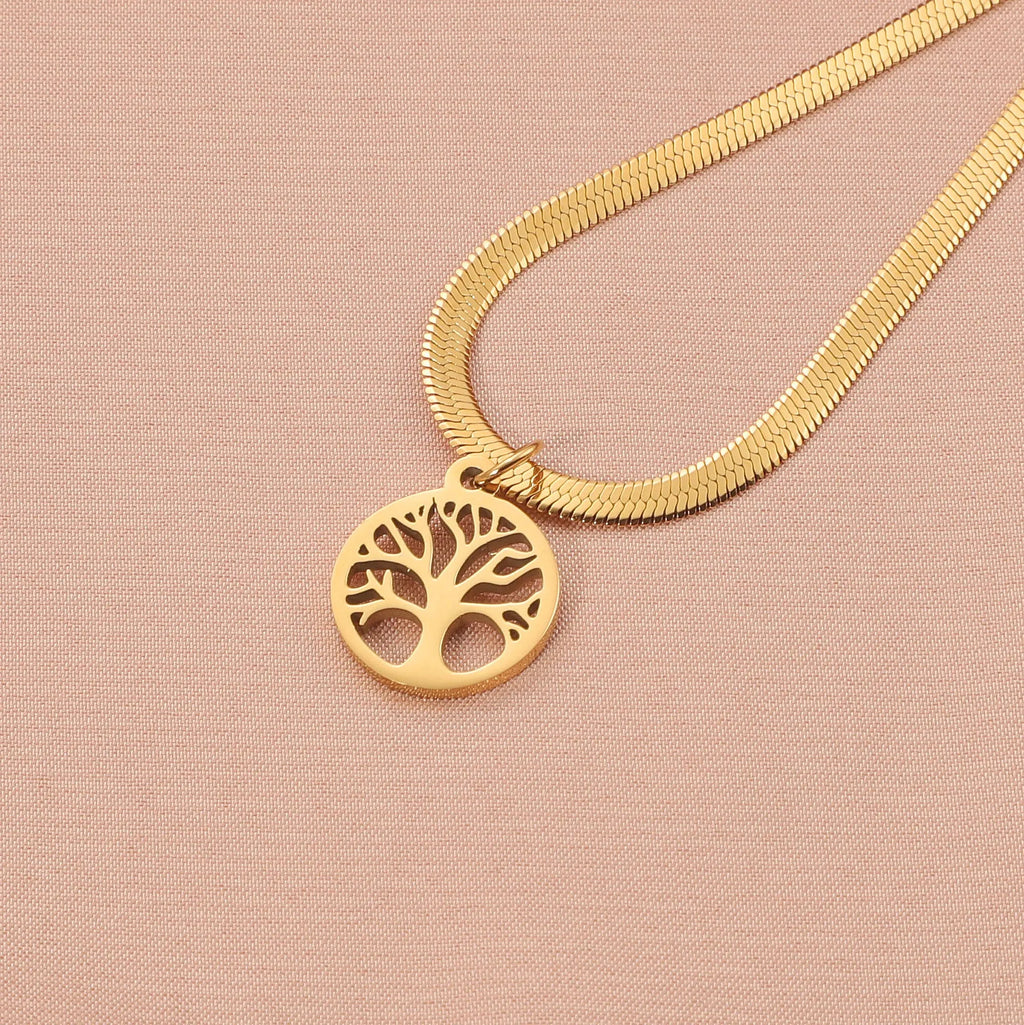 Stainless steel Lucky Tree clavicle chain necklace with adjustable snake bone chain and tree pendant