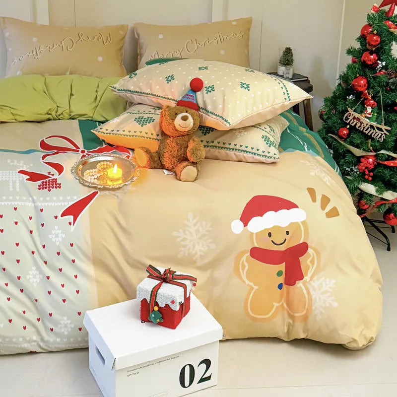 Christmas cartoon printed bedding set with super soft washed cotton material showing Gingerbread Man pattern