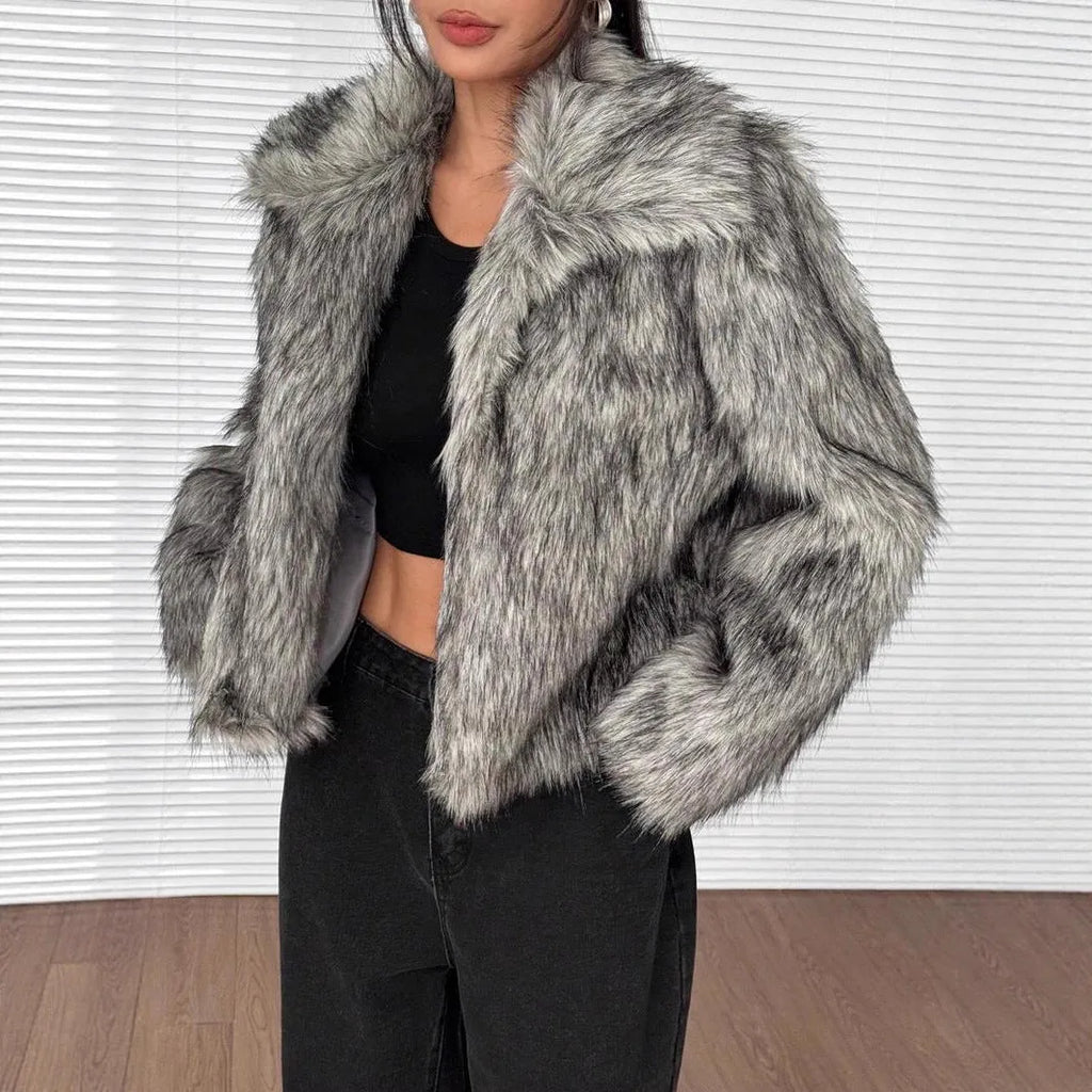 Artificial fur coat with fur collar in short 40cm length showing thick fabric texture