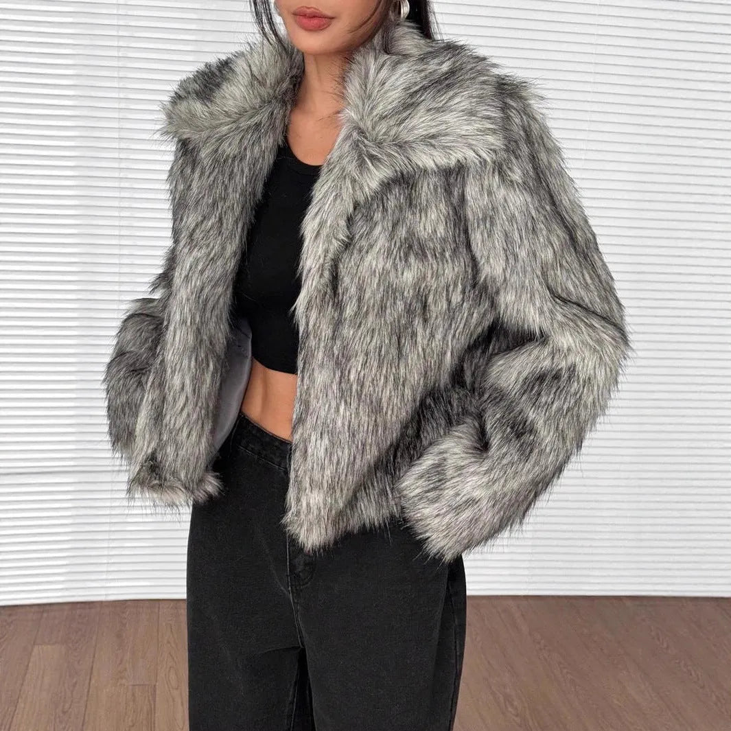 Artificial fur coat with fur collar in short 40cm length showing thick fabric texture