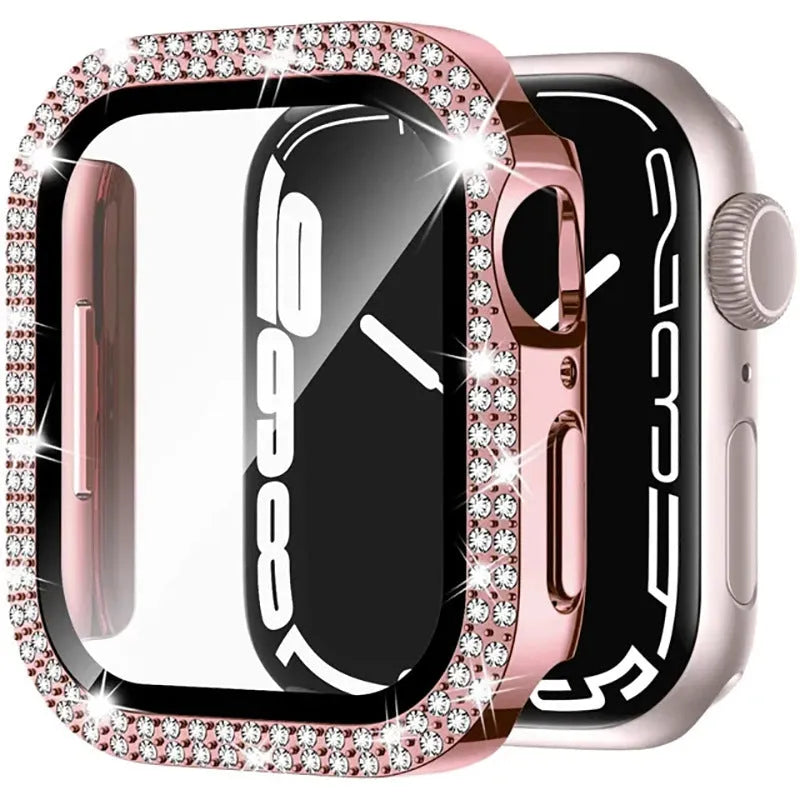 Apple Watch case with Double Diamond glass and privacy screen in rose gold colour for a 44mm model.