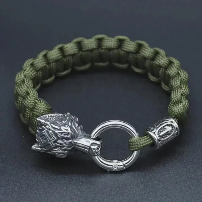 Stainless steel wolf head bracelet with Luen character in camouflage colour on wrist