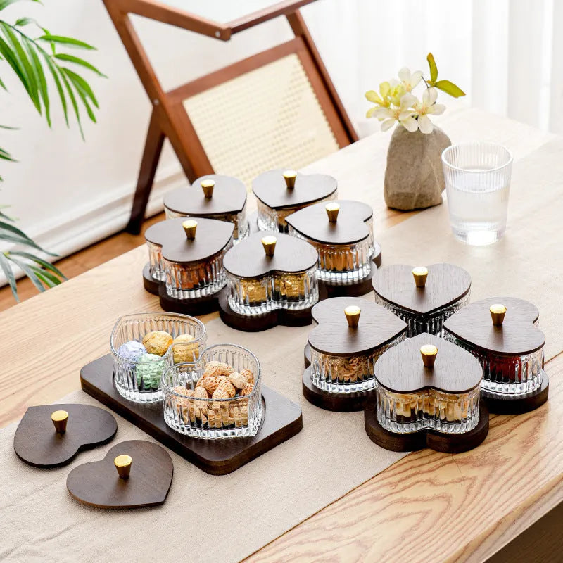 Glass dim sum plate with heart-shaped transparent lids showing solid colour finish