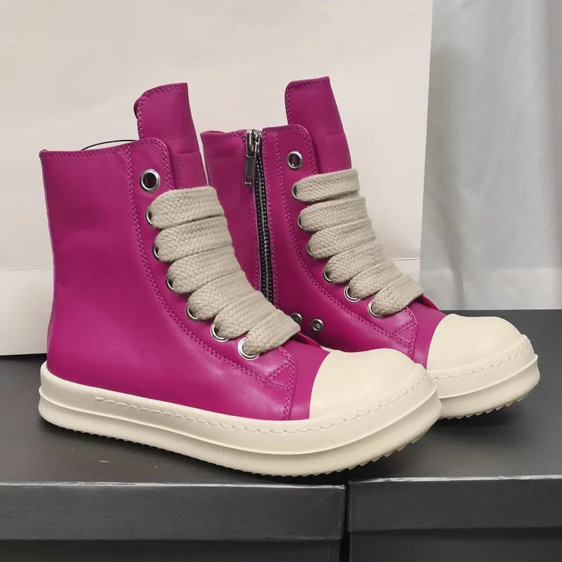 High-top leather sneakers with side zipper in black, white, and red colour options