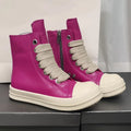 High-top leather sneakers with side zipper in black, white, and red colour options