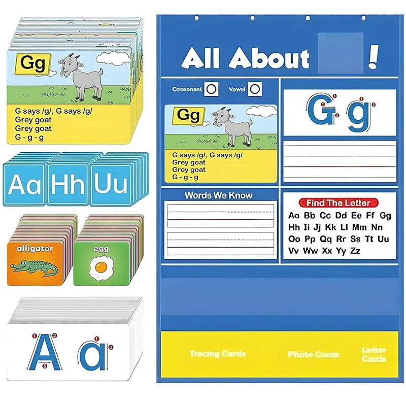 Alphabet learning sleeve table chart with educational cards displayed on 60x40cm surface