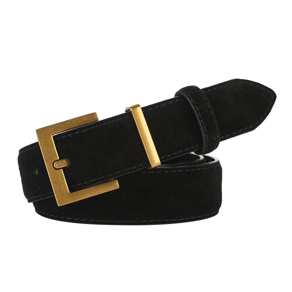 Ladies' black genuine leather belt with a silver quadrilateral pin buckle on a 100cm length.