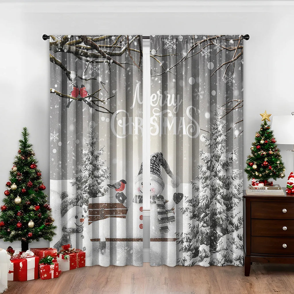 Pair of 3D digitally printed Christmas curtains with a European pattern on polyester fabric.