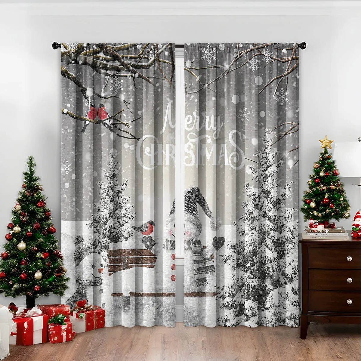 Pair of 3D digitally printed Christmas curtains with a European pattern on polyester fabric.