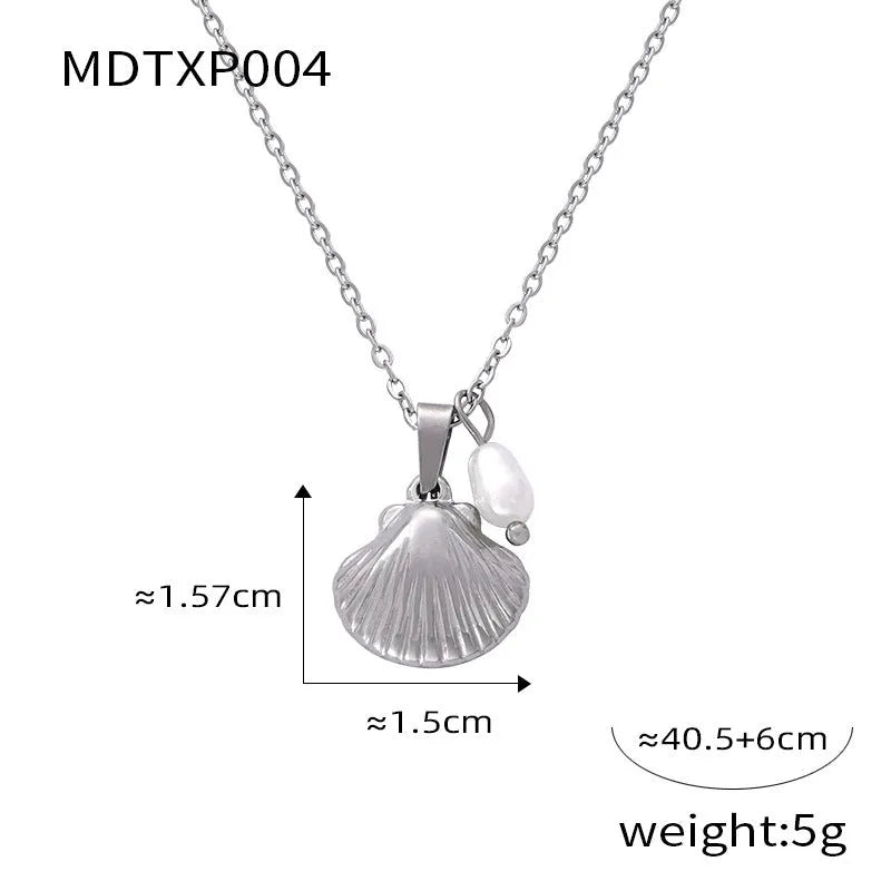 Gold-tone titanium steel necklace with white freshwater pearl beads on an O-shaped chain.