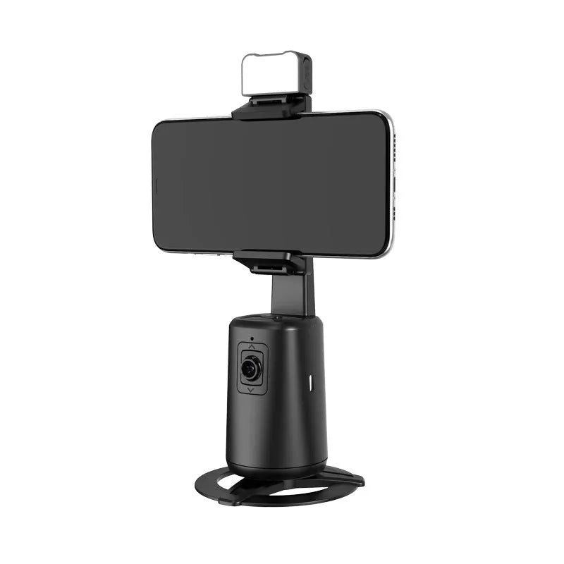 Black intelligent desktop bracket with auto-rotating camera head and RGB ribbon lights.
