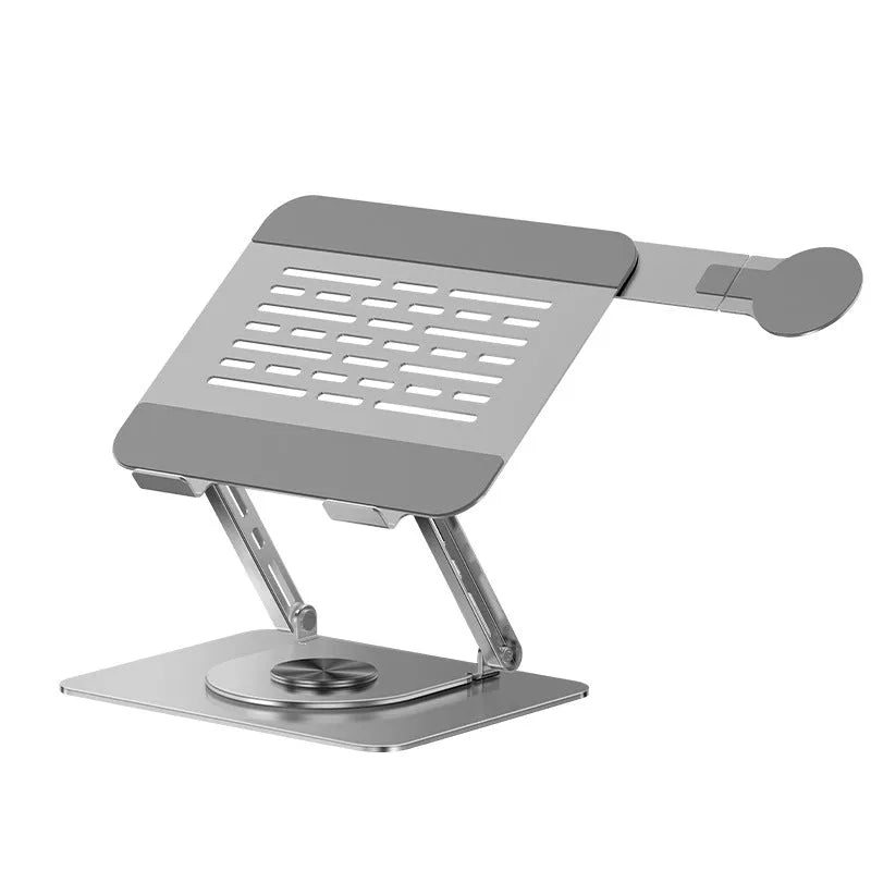 Silver carbon steel laptop stand with side-mounted magnetic phone holder on rotatable base
