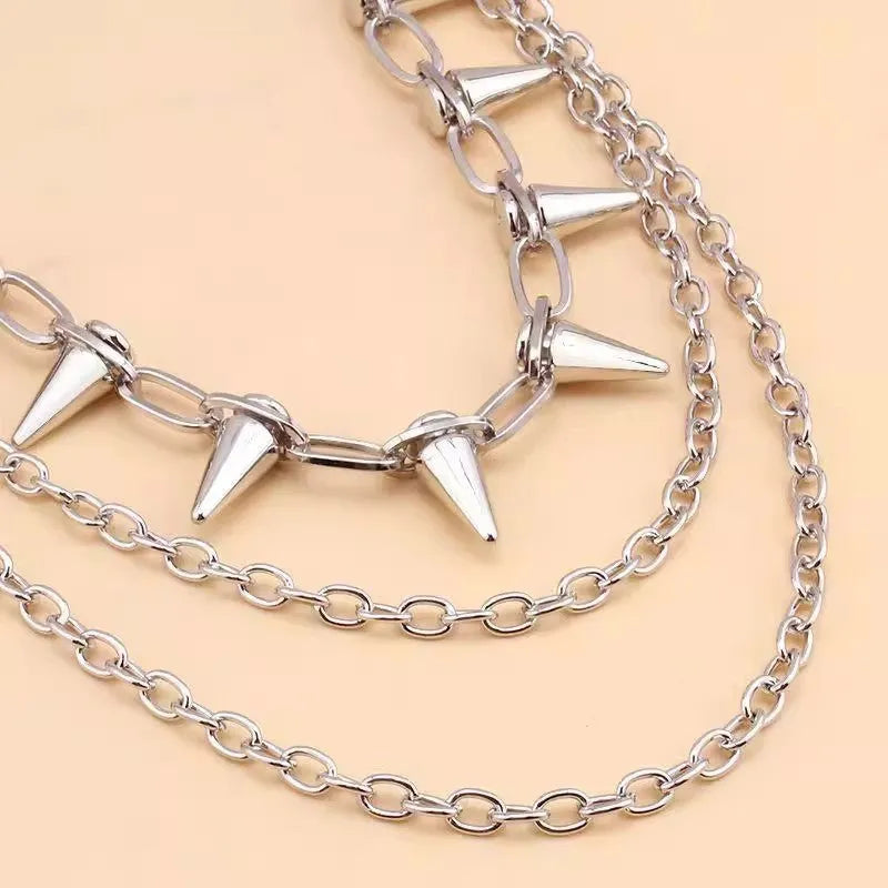 Silver metal punk fashion chain ornament with double layer rivet design measuring 115cm length