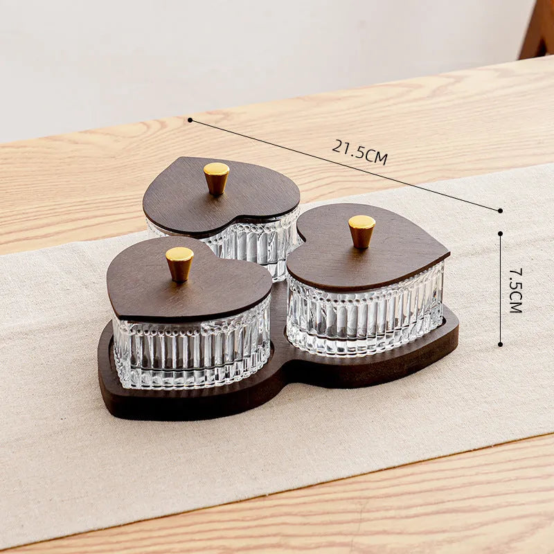 Glass dim sum plate with heart-shaped transparent lids showing solid colour finish
