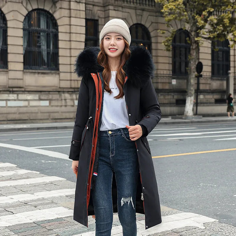 Women's long cotton-padded fleece trench coat in six colours with 100cm length