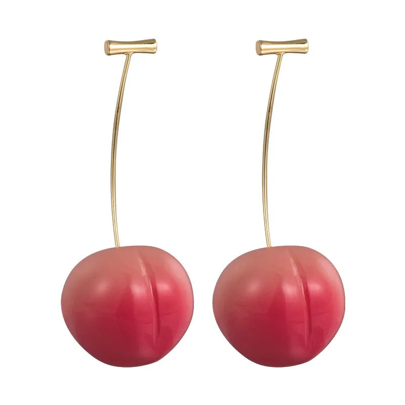 Handmade acrylic peach fruit earrings showing small and large size options with copper findings