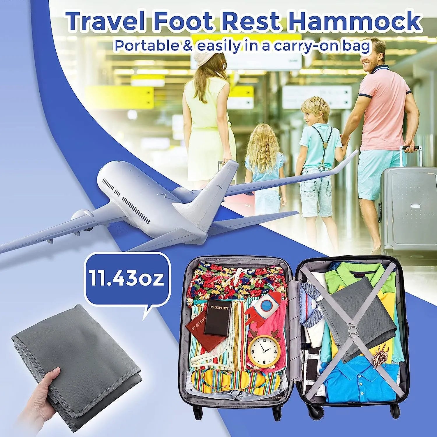 Portable children's aircraft seat extender with drawstring storage pocket in blue colour