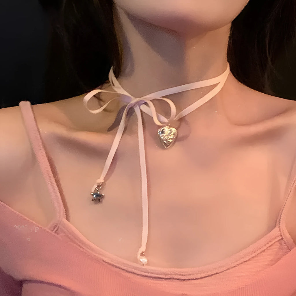 Women's alloy clavicle chain necklace with ribbon pendant featuring heart charm in multiple colour options