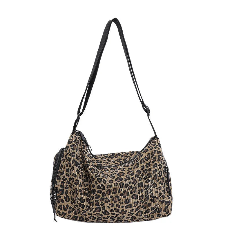 Large capacity leopard print crossbody shoulder bag with sports style stitching details