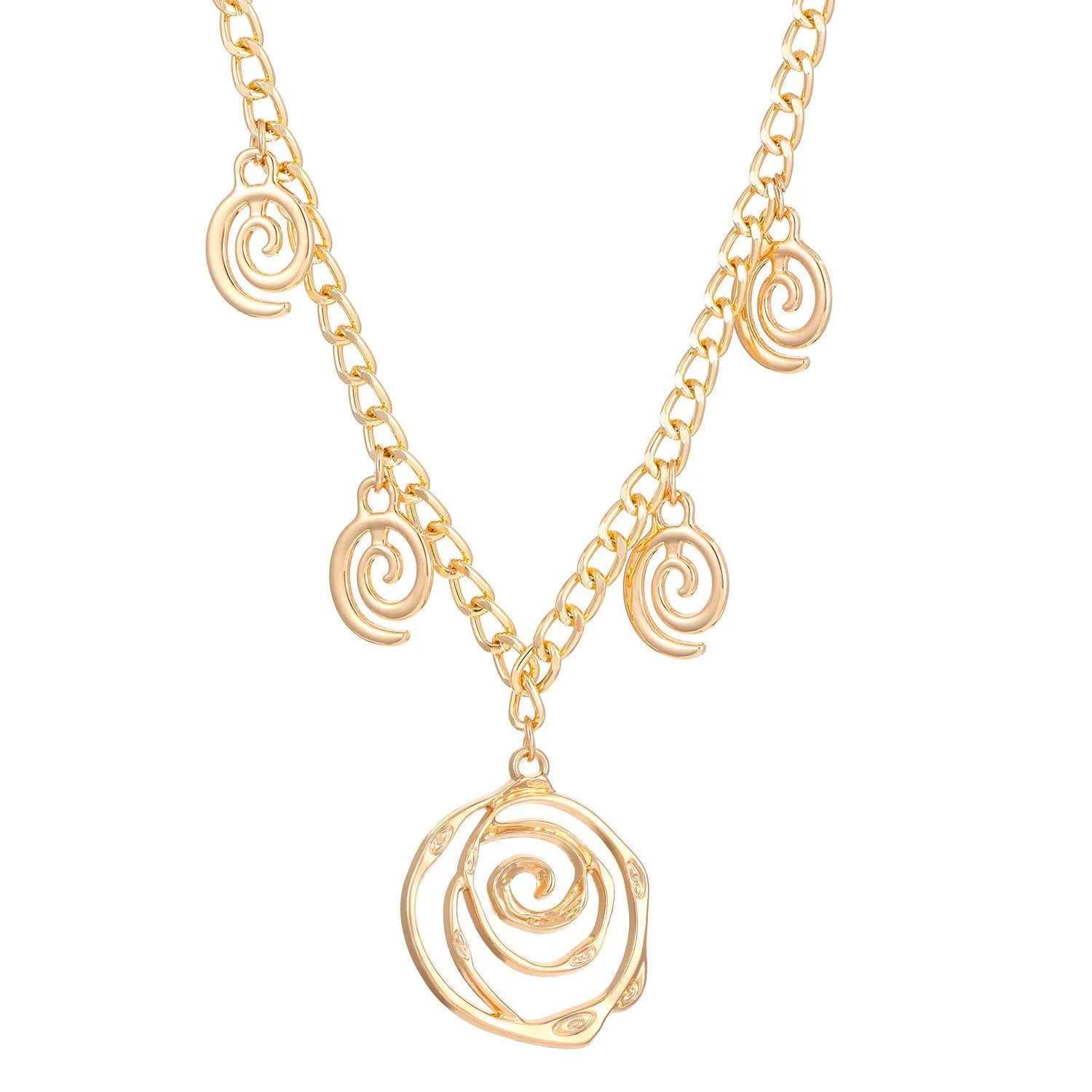 Gold spiral donut geometric jewellery set with adjustable necklace, matching bracelet, and earrings on a white background.