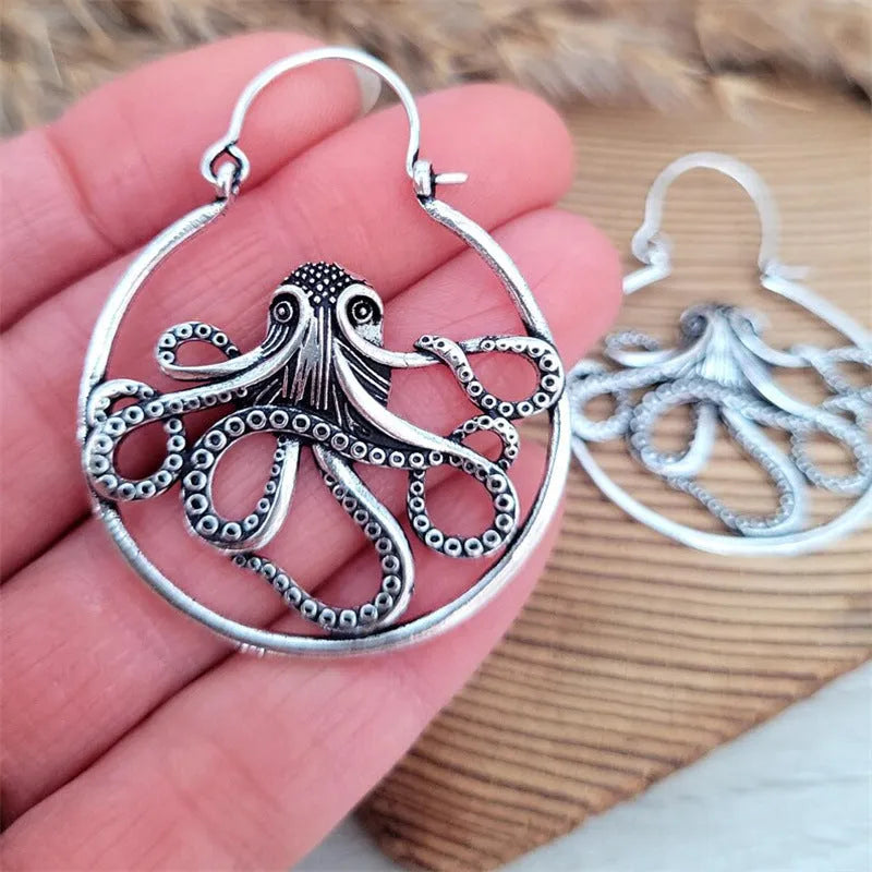 Vintage antique silver octopus earrings with electroplated finish and animal zodiac modelling