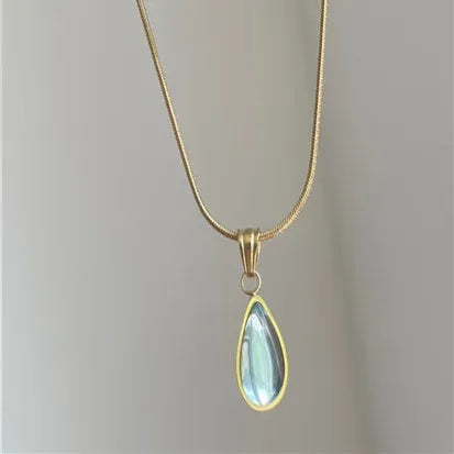 Retro blue and green water drop necklace with titanium steel pendant and snake bones chain