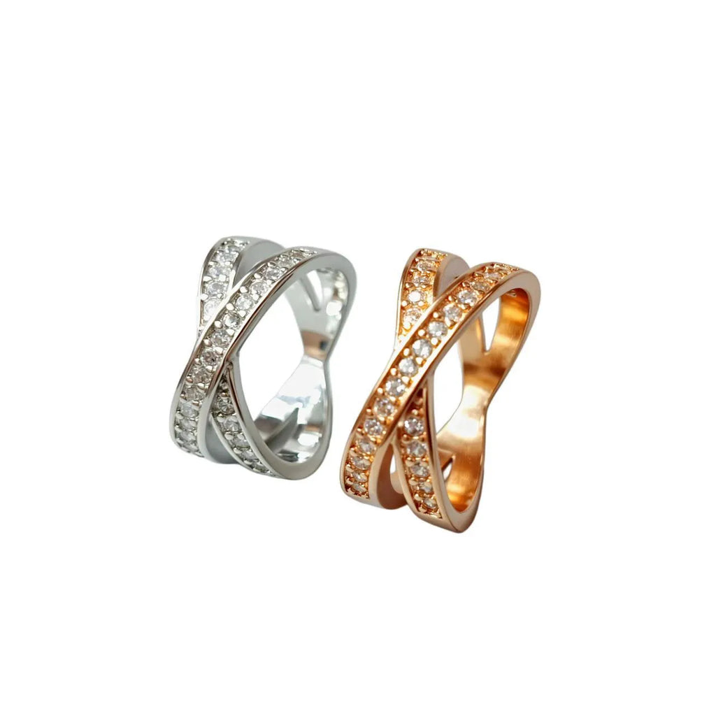 Silver and rose gold micro-inlaid zircon cross ring on copper alloy base with geometric heart design
