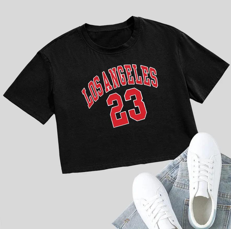 Personalised black cotton T-shirt with white English letters and exposed navel design