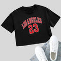 Personalised black cotton T-shirt with white English letters and exposed navel design